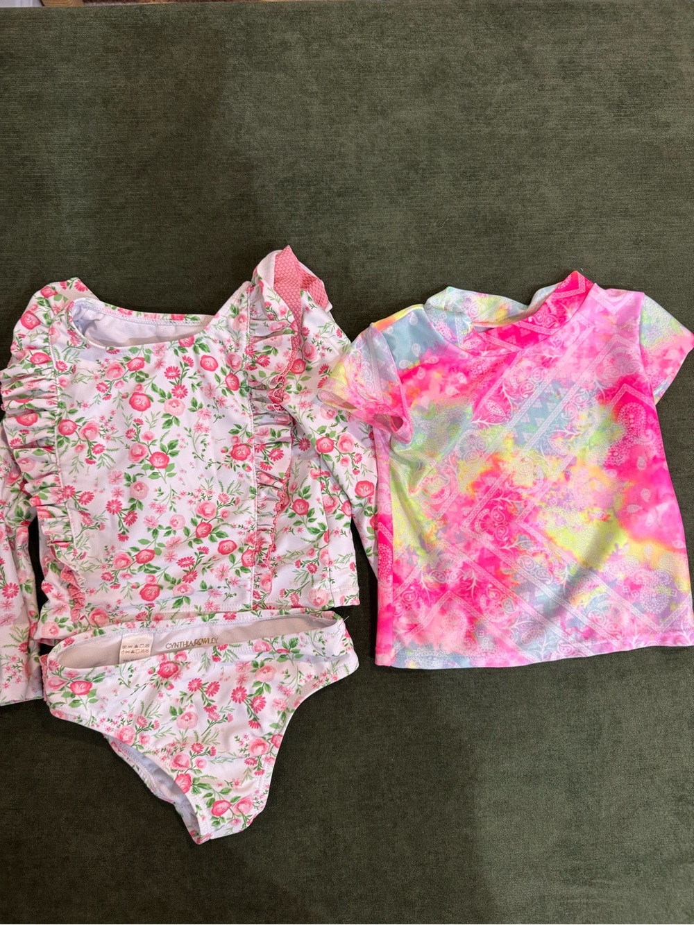 Cynthia Rowley Pink Floral Ruffle One-Piece & Neon Tie-Dye Rash Guard